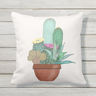 Cojín De Exterior Planta de Cactus Acuarela Flores Amarillas Rosadas