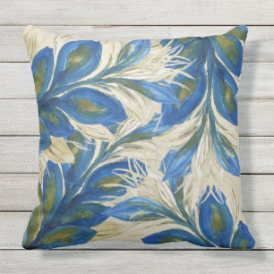 Cojín De Exterior Plumas de pavo real azul acuarela pintado a mano