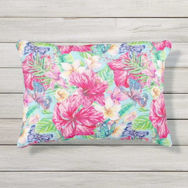 Cojín De Exterior Plumeria China Hibiscus Foliage Butterflies (Anverso)