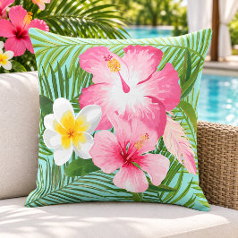 Cojín De Exterior Plumeria Palma de Hibisco Rosa Tropical