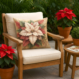 Cojín De Exterior Poinsettia de Navidad Blanca y Roja para Pórtico o