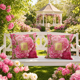 Cojín De Exterior Posh Rosa y Verde Peonía Tulipán Monogramado 