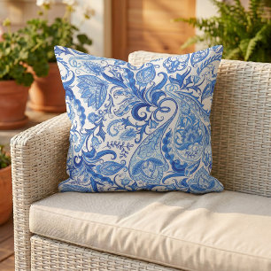 Cojín De Exterior Precioso patrón de paisley floral blanco azul