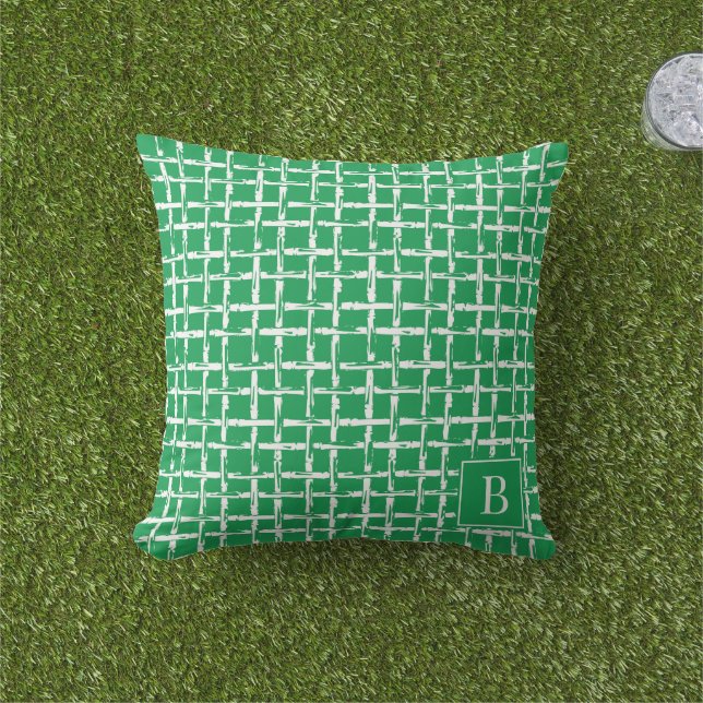 Cojín De Exterior Preppy Bamboo – Green Coastal Monogram  (Césped)