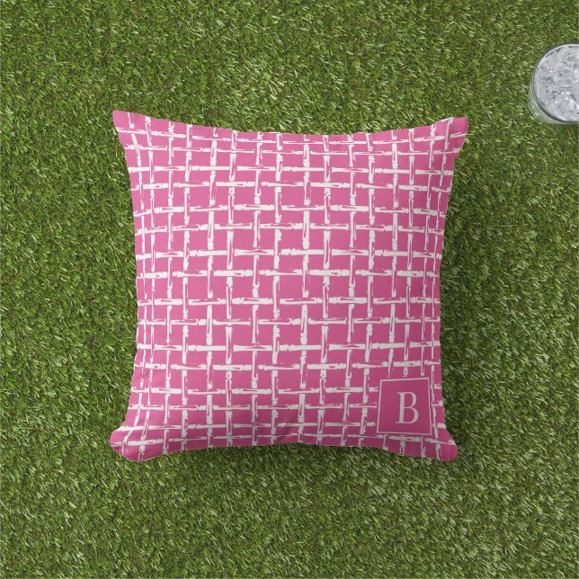 Cojín De Exterior Preppy Bamboo – Pink Coastal Monogram  (Césped)
