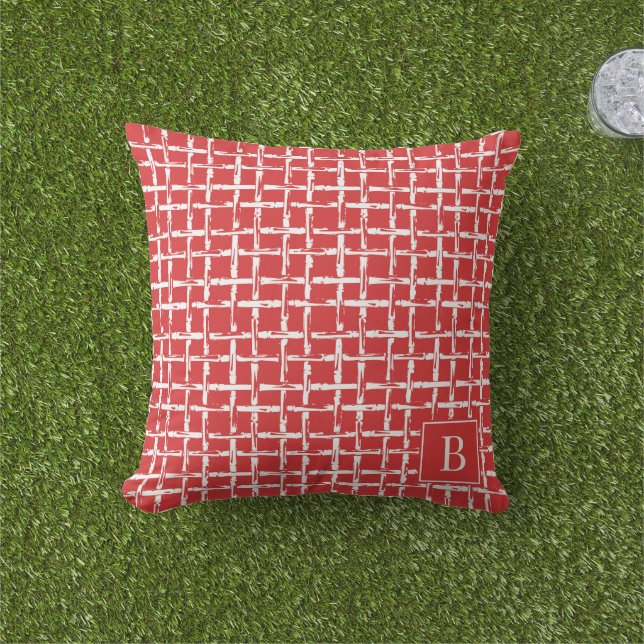 Cojín De Exterior Preppy Bamboo – Red Coastal Monogram  (Césped)