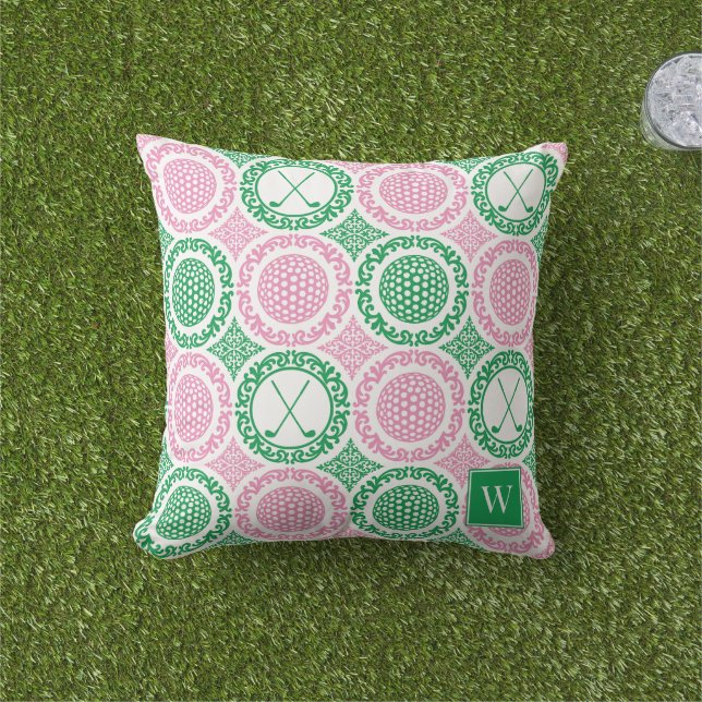 Cojín De Exterior Preppy Golf Damask - Balls & Clubs - Pink & Green (Césped)