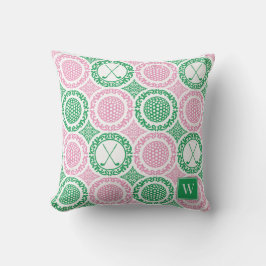 Cojín De Exterior Preppy Golf Damask - Balls & Clubs - Pink & Green