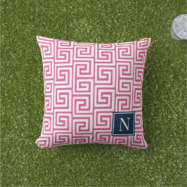 Cojín De Exterior Preppy Greek Key Monogram – Hot Pink & Navy