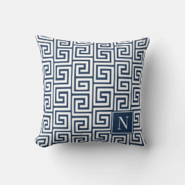 Cojín De Exterior Preppy Greek Key Monogram – Navy & White