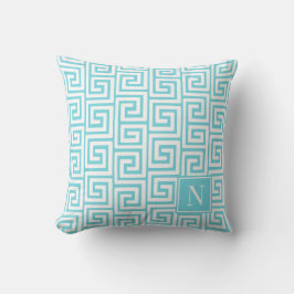 Cojín De Exterior Preppy Greek Key Monogram – Turquoise & White