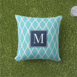Cojín De Exterior Preppy Náutico Costero Monograma Turquesa y Azul M