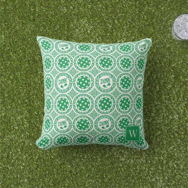Cojín De Exterior Preppy Pickleball Damask – Green Dink Motif   (Césped)