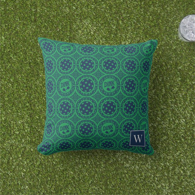 Cojín De Exterior Preppy Pickleball Damask – Navy & Green Dink   (Césped)