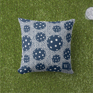 Cojín De Exterior Preppy Pickleball Greek Key – Azul Marino y Blanco