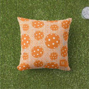 Cojín De Exterior Preppy Pickleball Greek Key – Naranja y Blanco