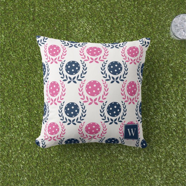 Cojín De Exterior Preppy Pickleball Laurel Wreath –Navy & Hot Pink (Césped)