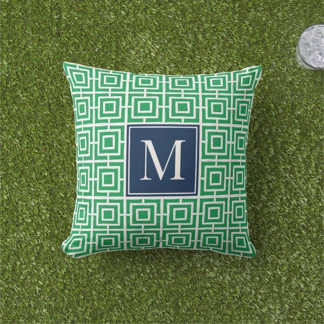Cojín De Exterior Preppy Square Lattice Monogram – Green & Navy (Césped)