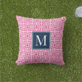 Cojín De Exterior Preppy Square Lattice Monogram – Hot Pink & Navy
