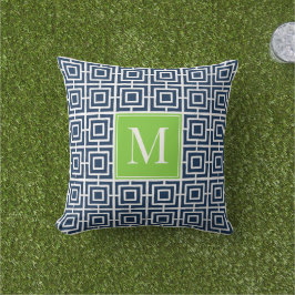 Cojín De Exterior Preppy Square Lattice Monogram – Navy & Lime