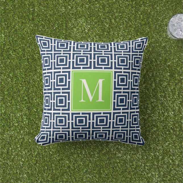 Cojín De Exterior Preppy Square Lattice Monogram – Navy & Lime (Césped)
