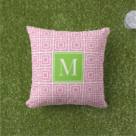 Cojín De Exterior Preppy Square Lattice Monogram – Pink & Lime