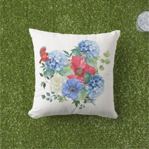 Cojín De Exterior Ramo floral rojo/blanco/azul con pájaros