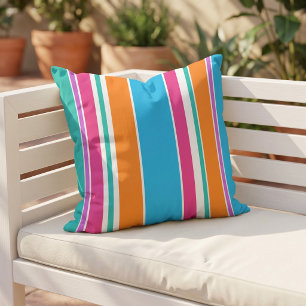 Cojín De Exterior Rayas divertidas de color azul cielo, rosa calient