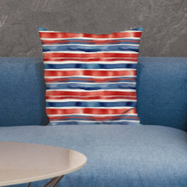 Cojín De Exterior Rayas Rojas y Azules Modernas Acuarela Americana