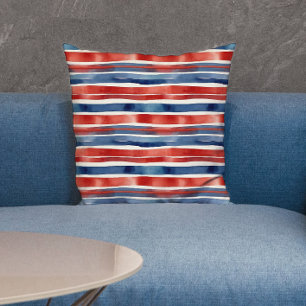 Cojín De Exterior Rayas Rojas y Azules Modernas Acuarela Americana