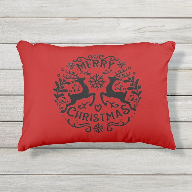 Cojín De Exterior Reno de Navidad Alegre, Rojo Negro (Anverso)