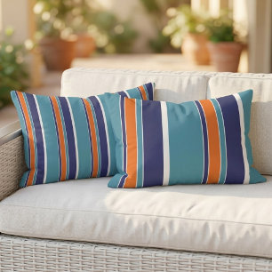 Cojín De Exterior Reversible azul teal verde naranja blanco raya