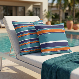Cojín De Exterior Reversible azul teal verde naranja blanco raya
