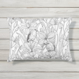 Cojín De Exterior Robins y flores de lilo, negro y blanco