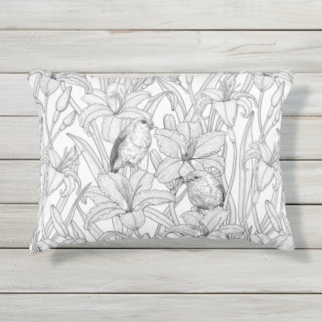 Cojín De Exterior Robins y flores de lilo, negro y blanco (Anverso)