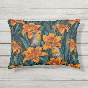 Cojín De Exterior Robins y flores de lirio, naranja y azul