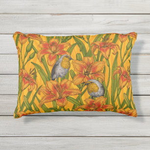 Cojín De Exterior Robins y flores de lirio, naranja y verde