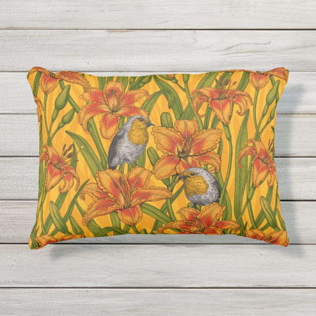 Cojín De Exterior Robins y flores de lirio, naranja y verde (Anverso)