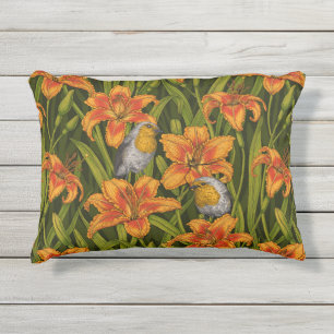 Cojín De Exterior Robins y flores de lirio, naranja y verde oscuro