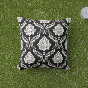 Cojín De Exterior Rococo Damask Gran Patrón Blanco sobre Negro