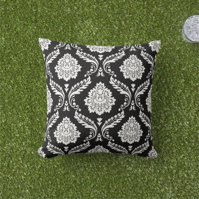 Cojín De Exterior Rococo Damask Gran Patrón Blanco sobre Negro (Césped)