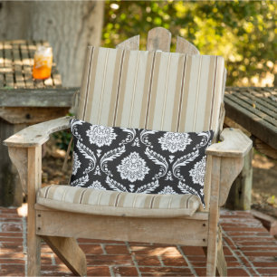 Cojín De Exterior Rococo Damask Gran Patrón Blanco sobre Negro