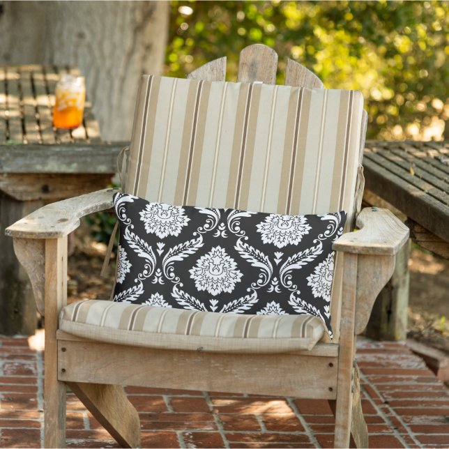 Cojín De Exterior Rococo Damask Gran Patrón Blanco sobre Negro (Silla)