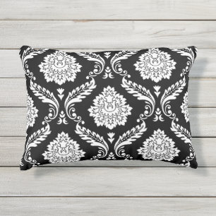 Cojín De Exterior Rococó Damask Patrón Grande Blanco sobre Negro