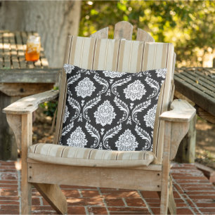 Cojín De Exterior Rococó Damask Patrón Grande Blanco sobre Negro