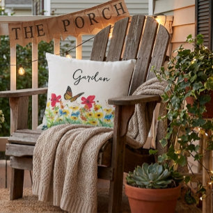 Cojín De Exterior Rojo Amarillo y Azul Floral con Mariposa