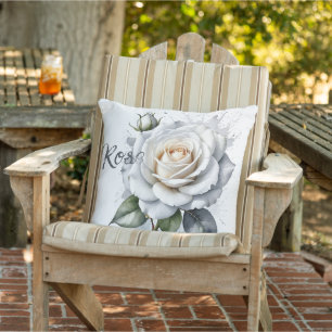 Cojín De Exterior Rosa blanca y rosebud, hojas plateadas