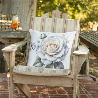 Cojín De Exterior Rosa blanca y rosebud, hojas plateadas
