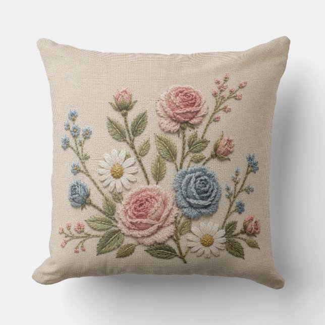 Cojín De Exterior Rosas bordadas Blush & Blue (Anverso)