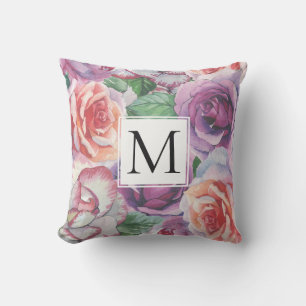 Cojín De Exterior Rosas de acuarela y floral monogramo